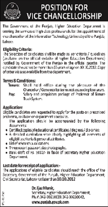 The Government of Punjab Requires Vice Chancellor of the IT University of the Punjab (Government Job)