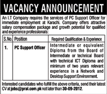An I.T Company Requires PC Support Officer