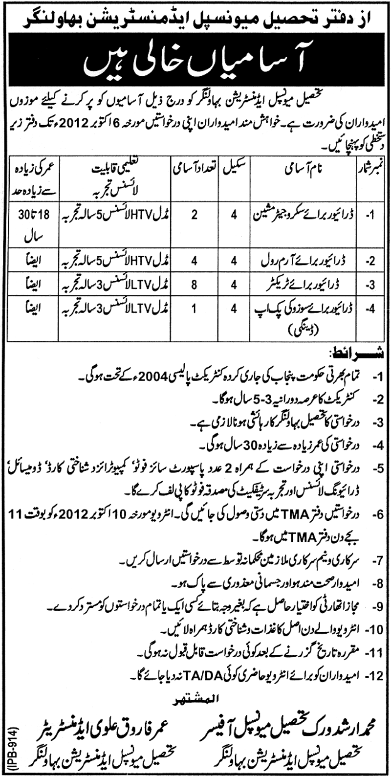 Drivers Required by TMA Bahawalnagar (Government Job)