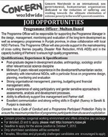 Concern Worldwide (An NGO) Requires Programme Officer