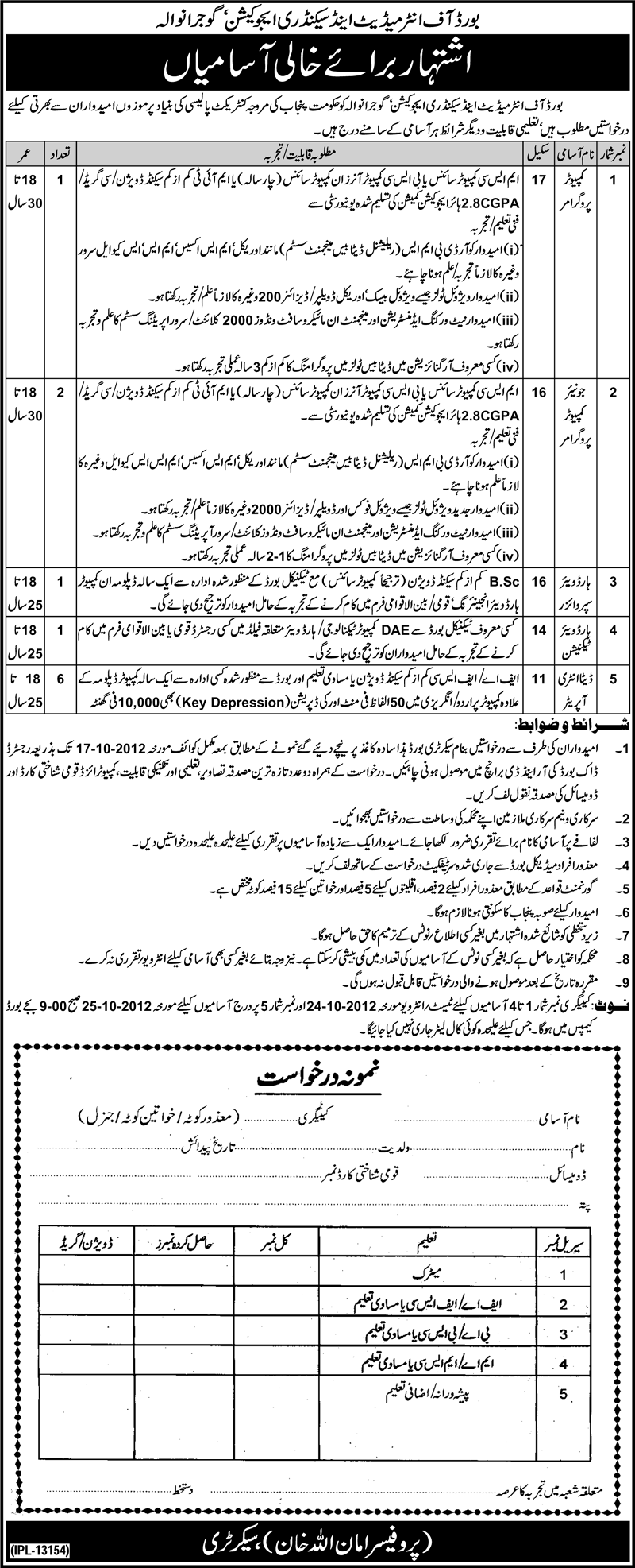 BISE Gujranwala Requires IT Staff (Government Job)