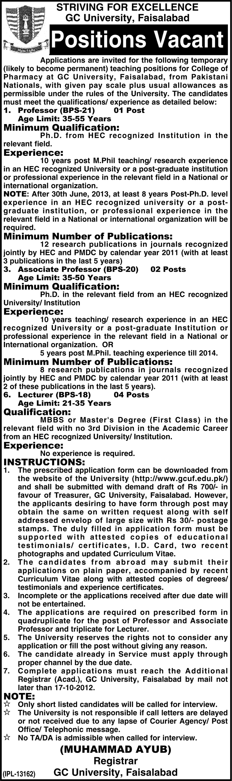 GC University Faisalabad Requires Teaching Faculty (Government Job)