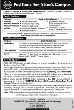 COMSATS Institute of Information Technology (CIIT) Requires Teaching and Non-Teaching Staff