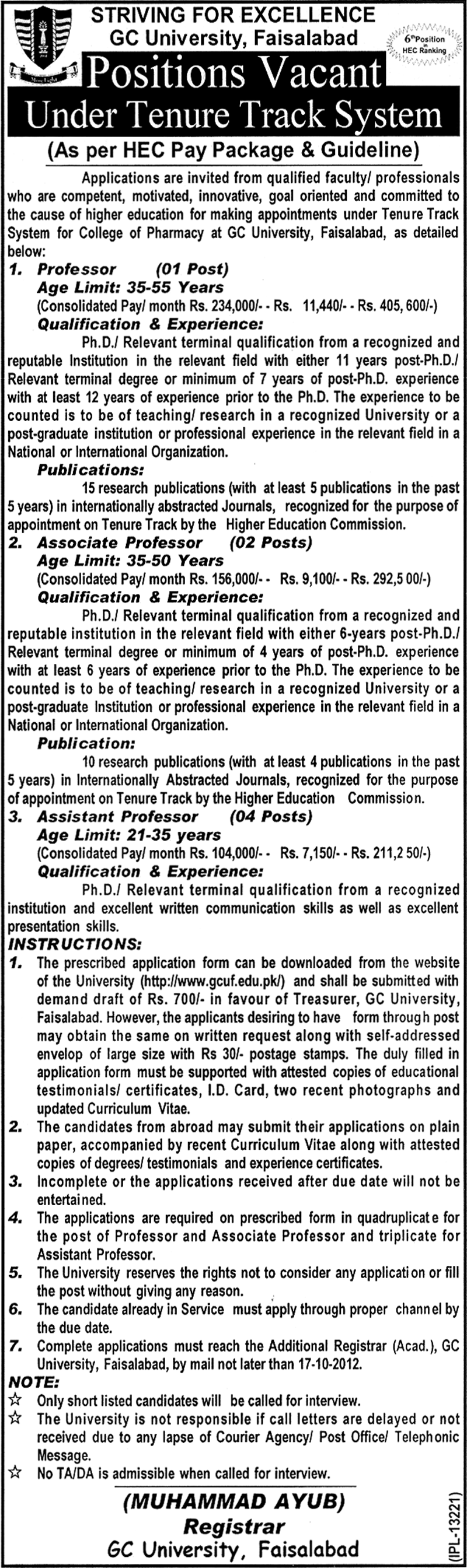 GC University Faisalabad Requires Teaching Faculty (Government Job)