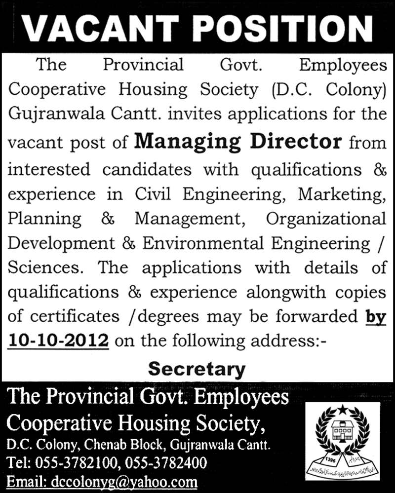 Managing Director Required by The Provincial Government Employees Cooperative Housing Society