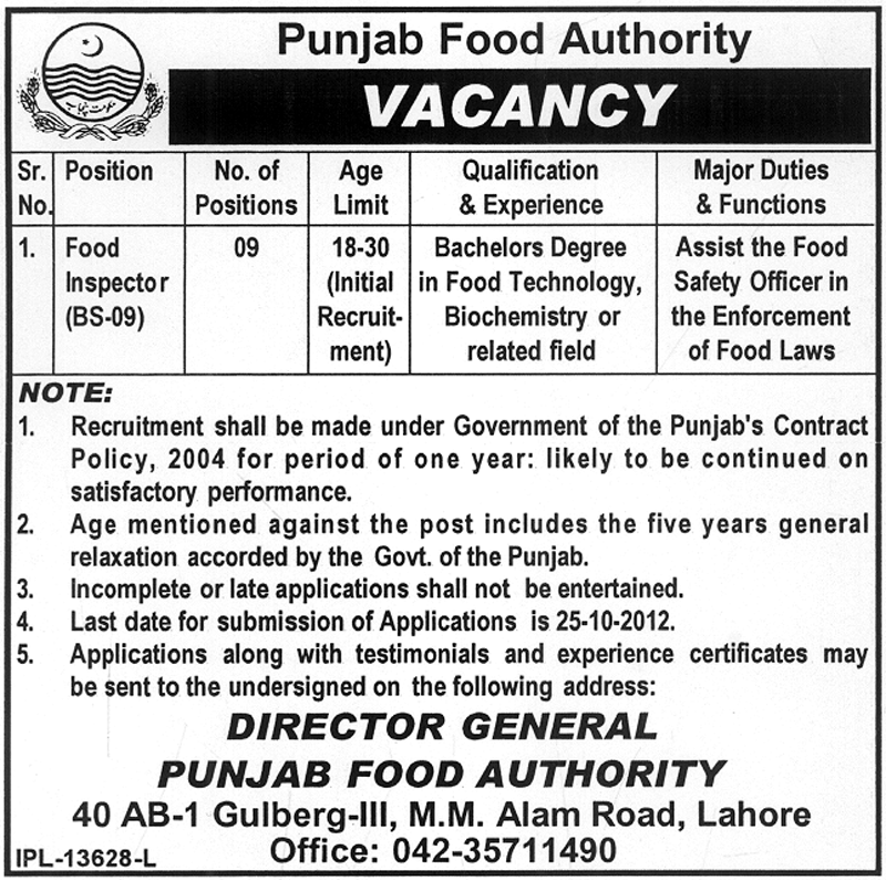 Jobs in Punjab Food Authority, Government of the Punjab