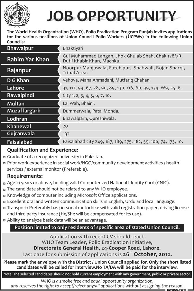 World Health Organization WHO Requires Union Council Polio Workers (UCPWs) (UN Jobs)