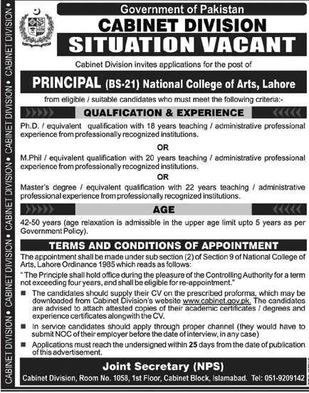 Situation Vacant in Cabinet Division Government of Pakistan