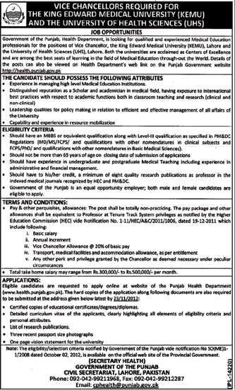 Vice Chancellors Required for The King Edward Medical University and University of Health Sciences