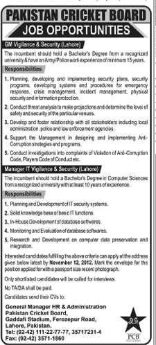 Pakistan Cricket Board PCB Requires GM Vigilance & Security and Manager IT