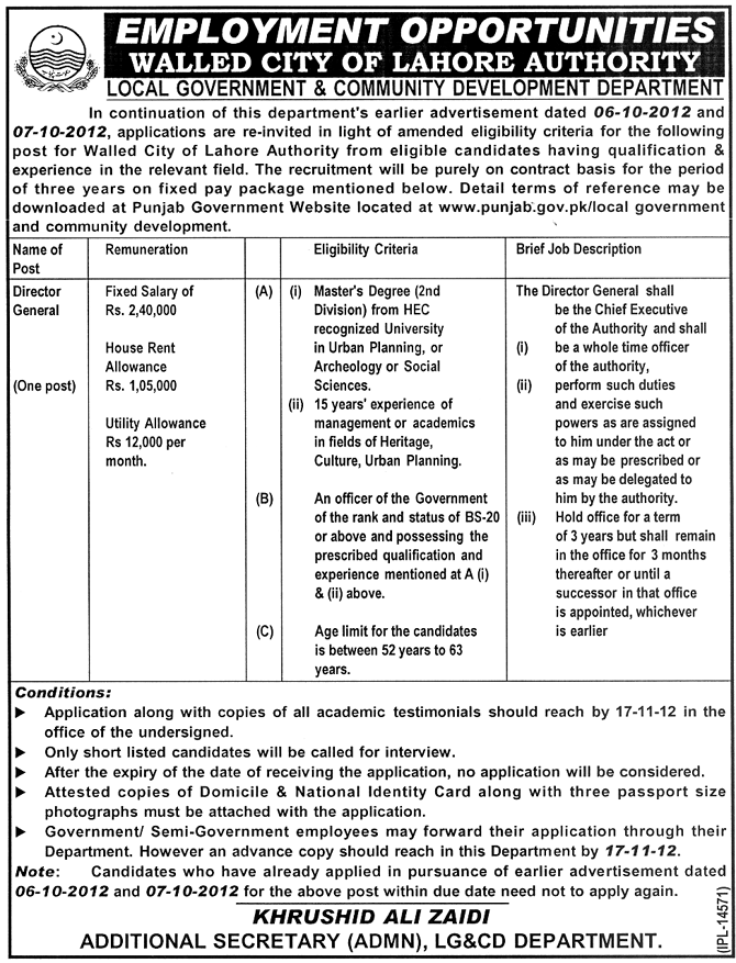 Walled City of Lahore Authority, LG&CD  Requires Director General