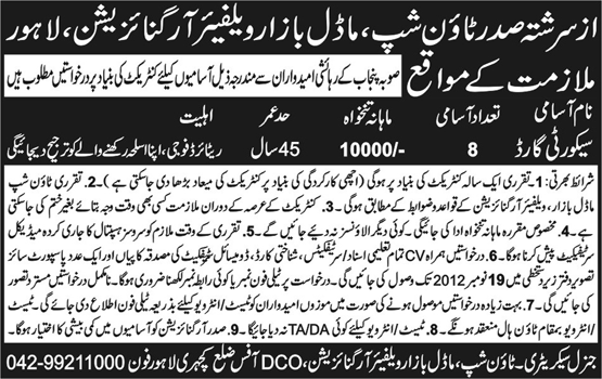 Model Bazar Welfare Organization, Lahore Requires Security Guards