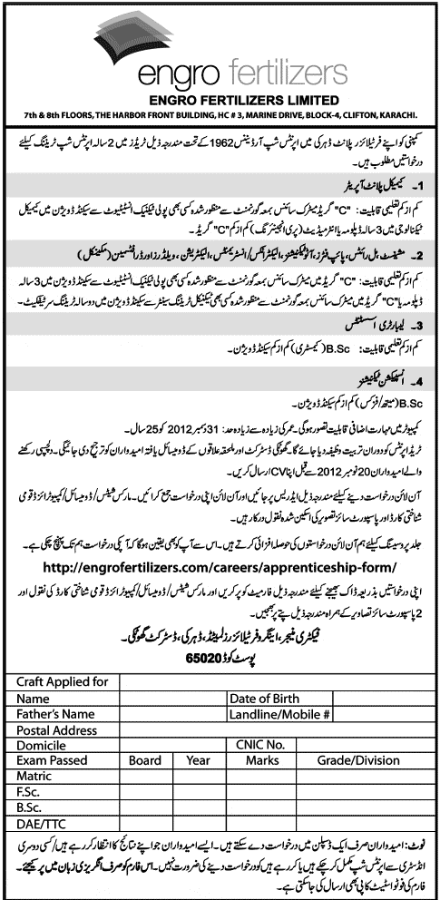 Engro Fertilizers Need Staff on Apprenticeship Training