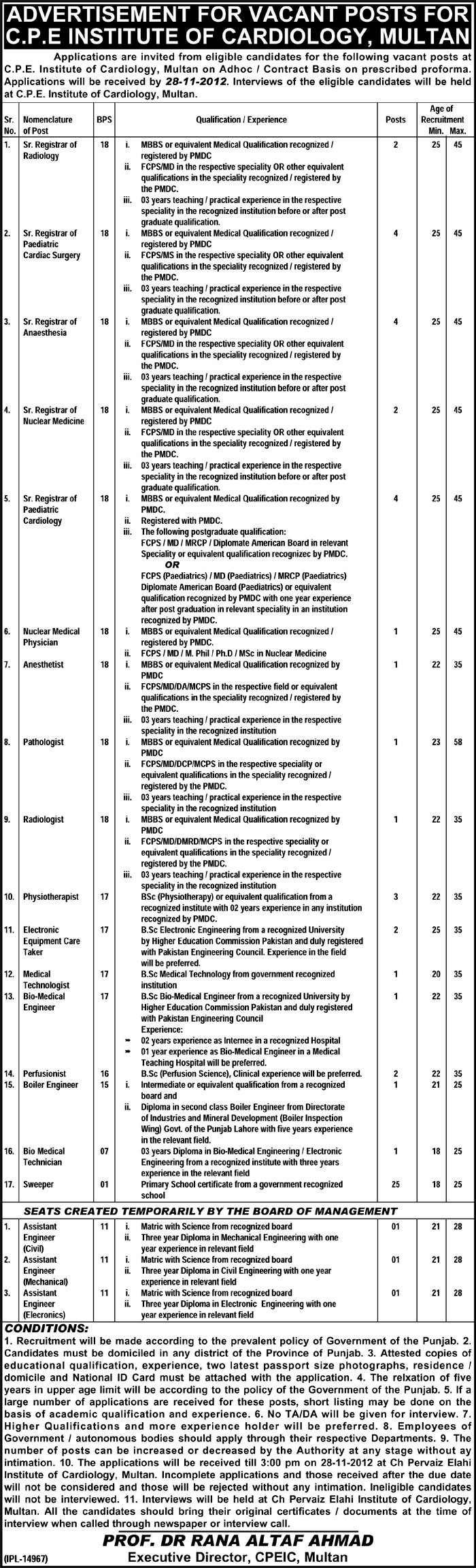 C. P. E. Institute of Cardiology Multan Jobs 2012 CPEIC