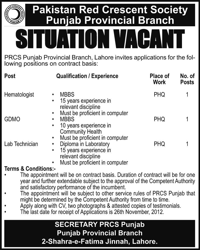 PRCS Punjab Jobs 2012 Pakistan Red Crescent Society