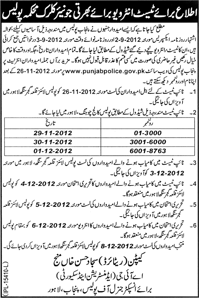 Punjab Police Department Interview Call for Junior Clerk Jobs