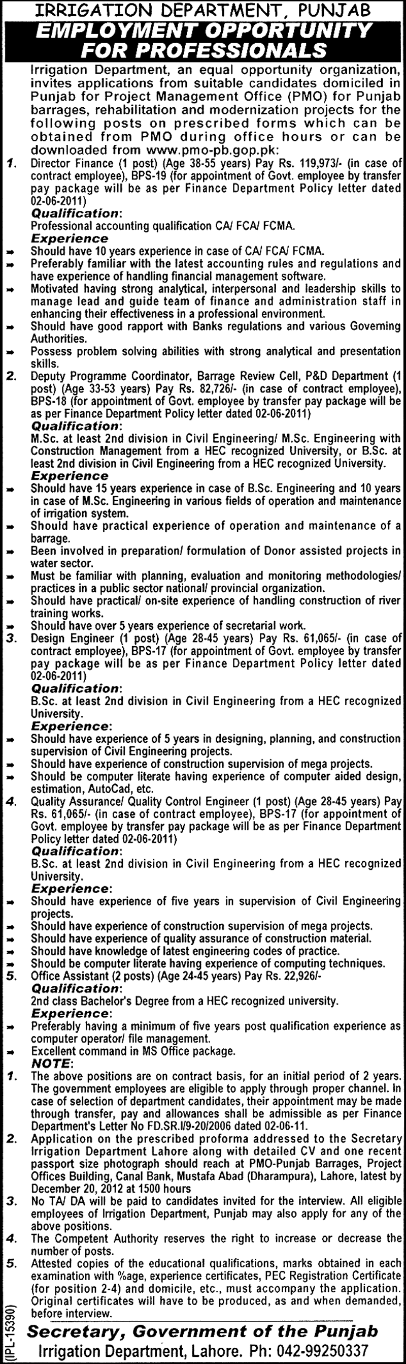 Irrigation Department Punjab Jobs 2012 November Application Form