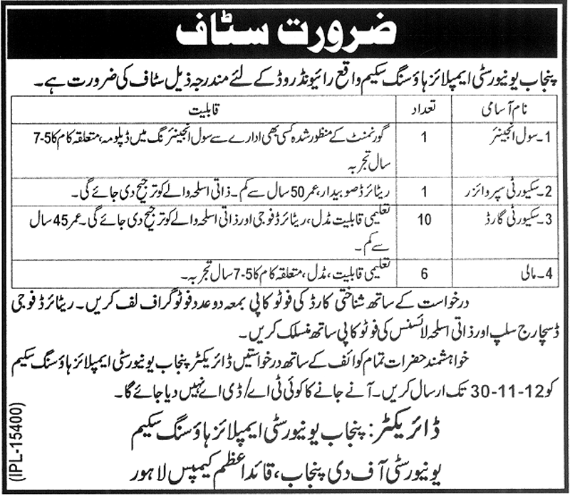 Punjab University Employees Housing Scheme (PUEHS) Needs Civil Engineer & Staff