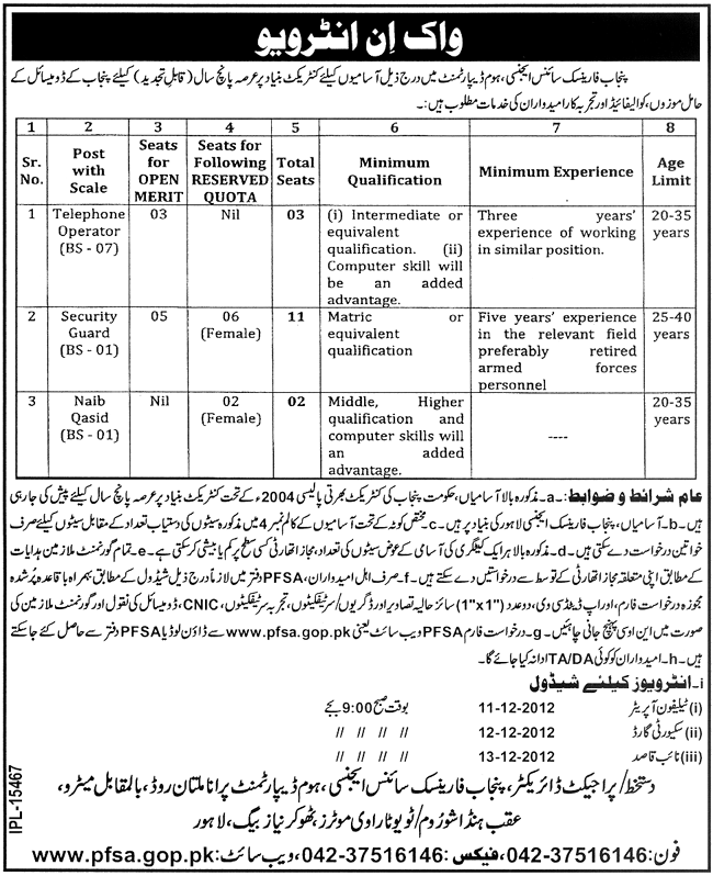 Punjab Forensic Science Agency (PFSA) Jobs 2012 for Staff (www.pfsa.gop.pk)