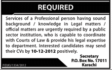 PO Box 17011 Karachi Job for Legal Advisor