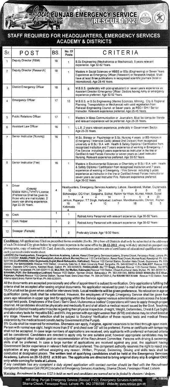 Rescue 1122 Jobs 2012 Join Punjab Emergency Service