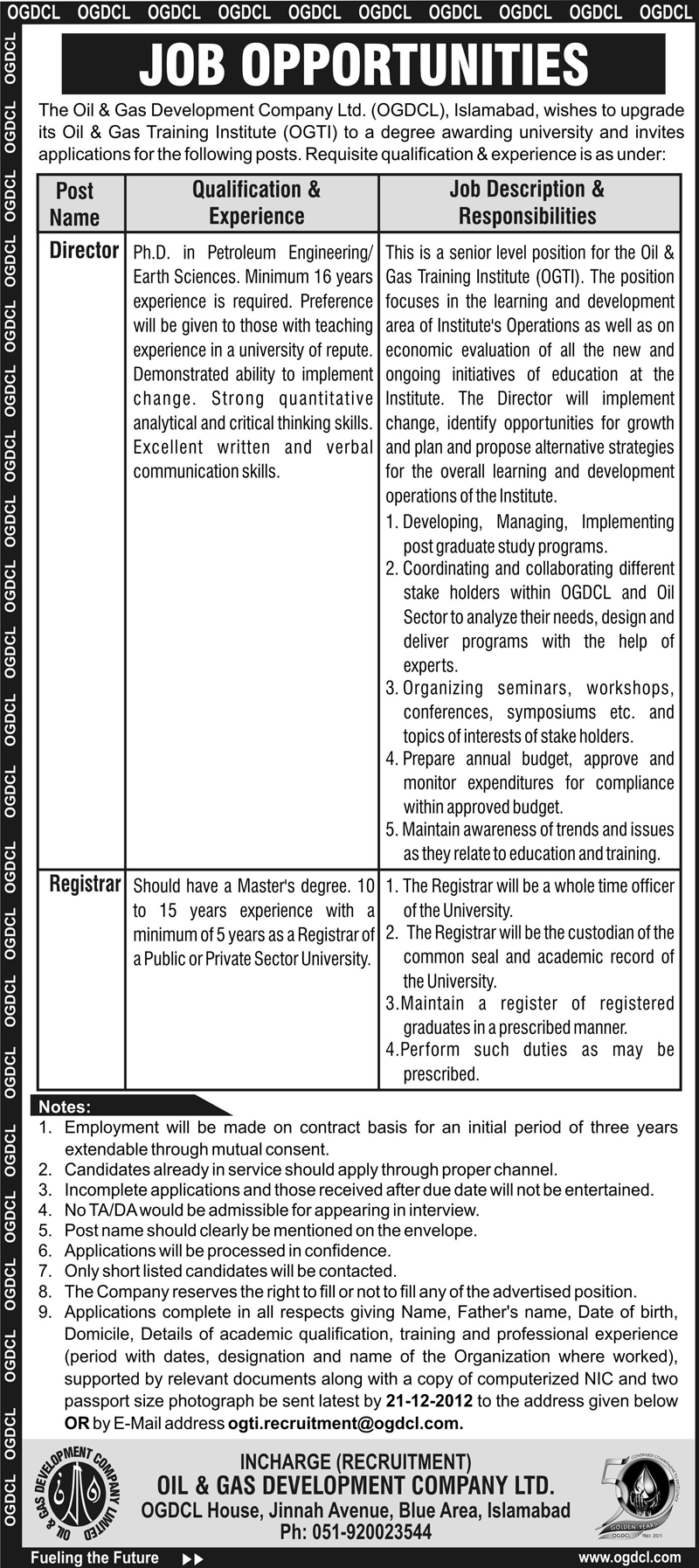 OGTI Jobs 2012 December by OGDCL Pakistan