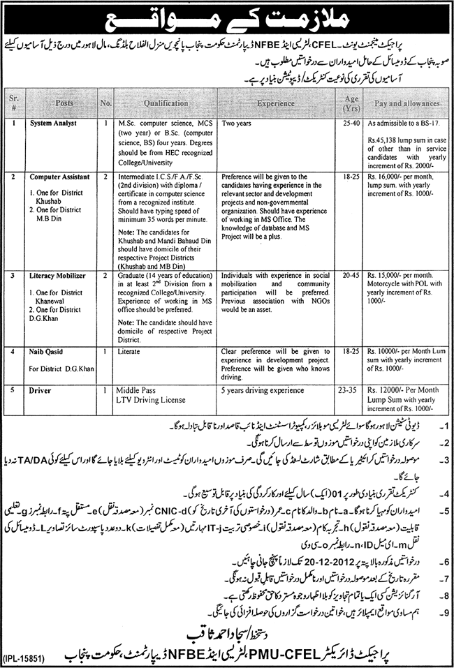 PMU CFEL Literacy & NFBE Department Punjab Jobs 2012