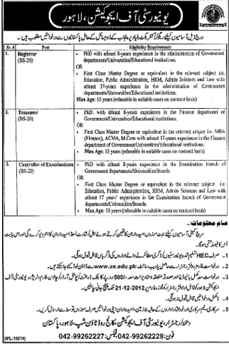 University of Education Lahore Jobs 2012 for Registrar, Treasurer & Controller Examination