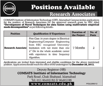 COMSATS Institute of Information Technology Islamabad Jobs 2012 for Research Associates