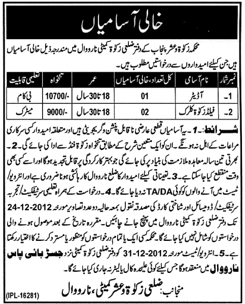 District Zakat Committee Narowal Jobs 2012