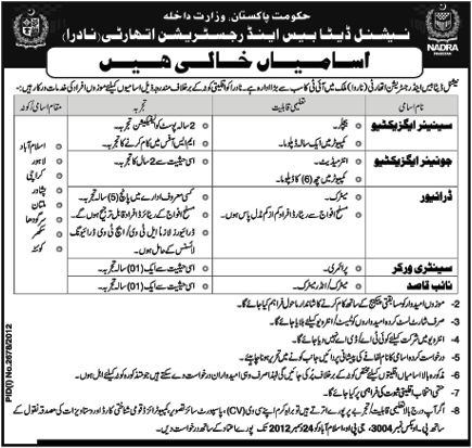 Jobs in NADRA 2012 for Minorities under Minority Quota