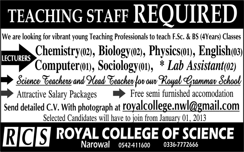 Royal College of Science (RCS) Narowal Requires Teaching Staff