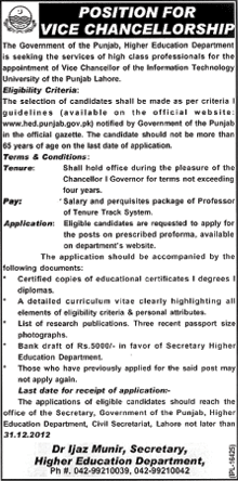 Higher Education Department Government of Punjab Needs VC for IT University