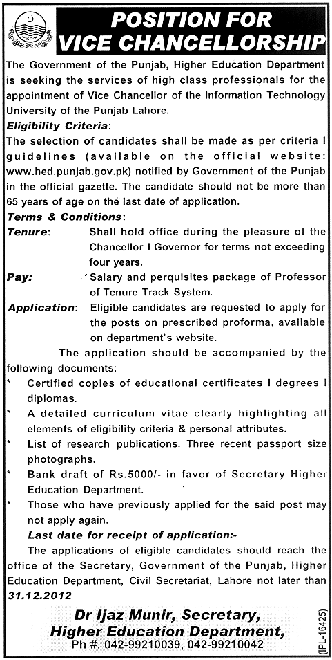 Punjab Higher Education Department Needs Vice-Chancellor for Information Technology University of Punjab Lahore