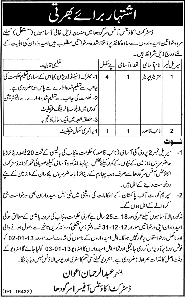 District Accounts Office Sargodha Jobs 2012 for Generator Operator & Naib Qasid