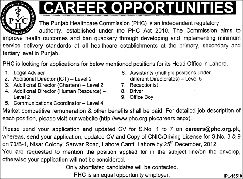 Punjab Healthcare Commission (PHC) Jobs 2012 (www.phc.org.pk/careers.aspx)
