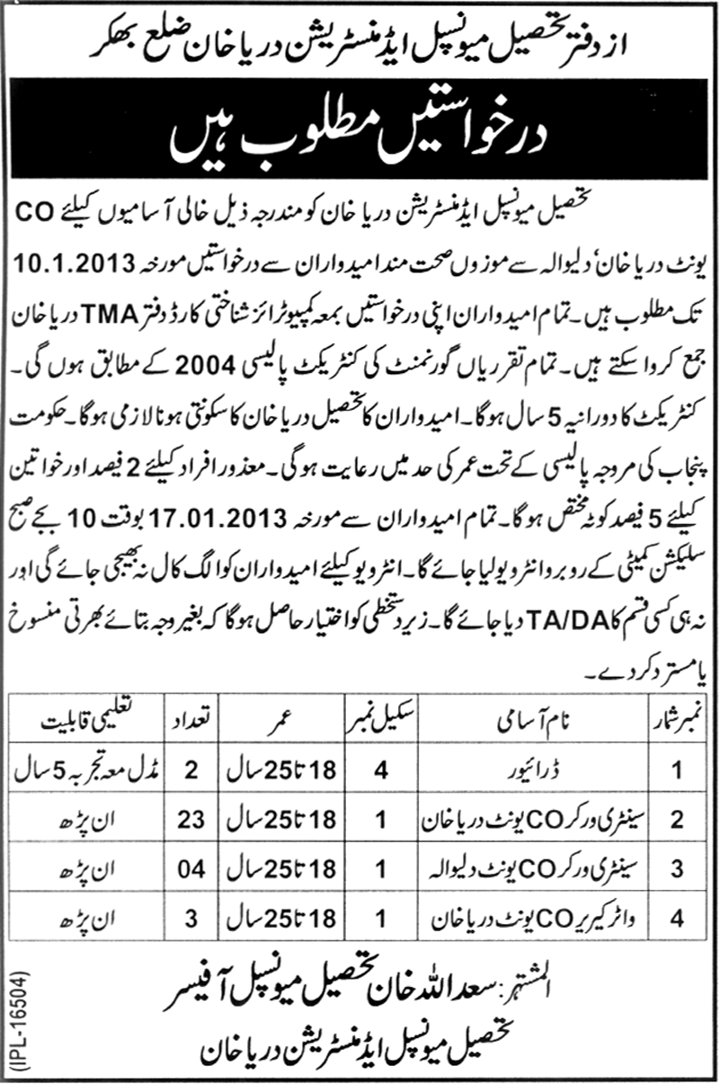 TMA Darya Khan District Bhakkar Jobs 2012