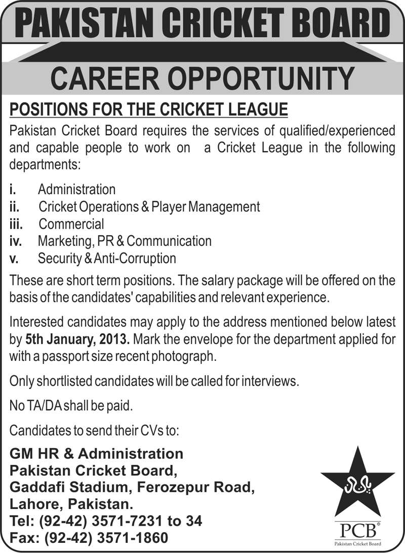 PCB Cricket League Jobs 2012