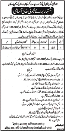 Khawaja Farid Government Post Graduate College Rahim Yar Khan Requires Driver