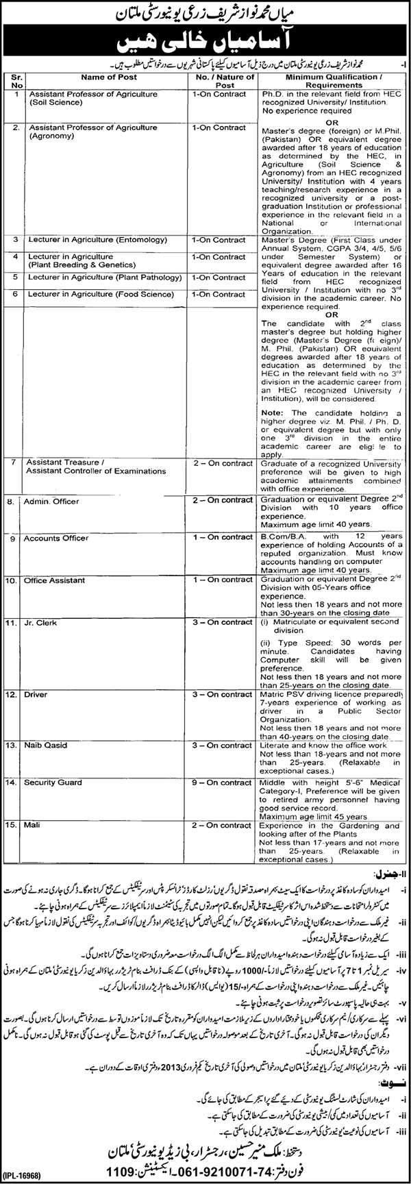 Faculty & Staff Vacancies at Nawaz Sharif Agriculture University Multan