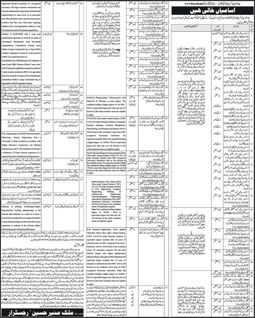 BZU Multan Jobs 2013