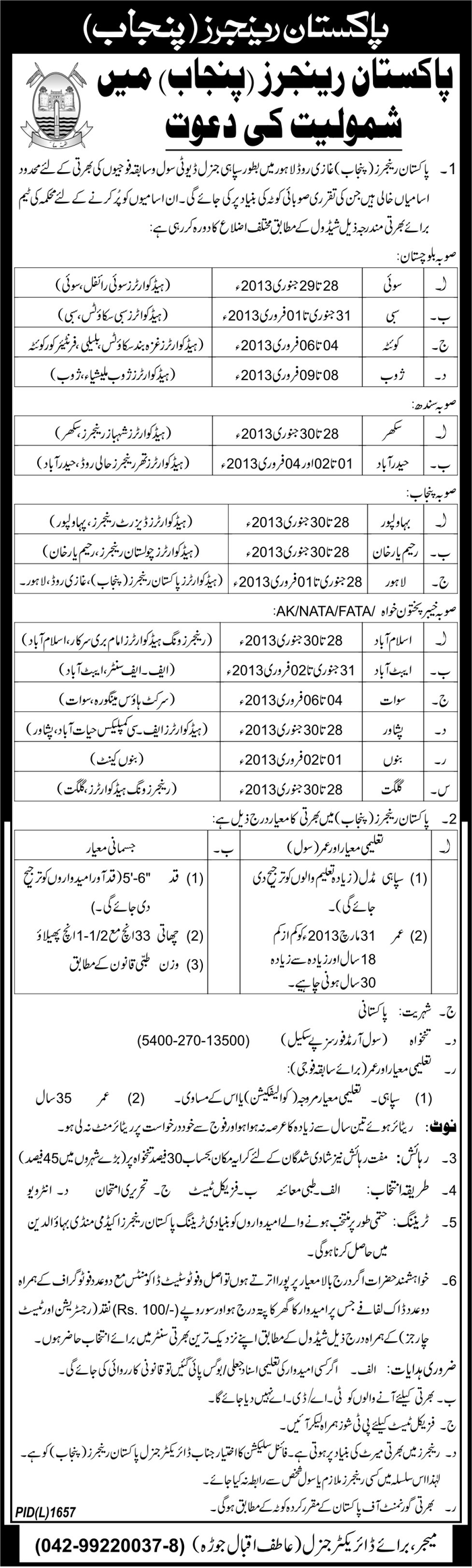 Pakistan Rangers Punjab Jobs 2013 Latest Ad Nawa-i-Waqt Lahore