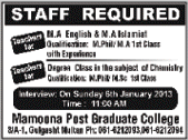 Mamoona Post Graduate College Multan Requires Teachers