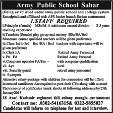Army Public School, Sahar, Mirpur, AJK Jobs 2013 for Principal, Teachers & Staff