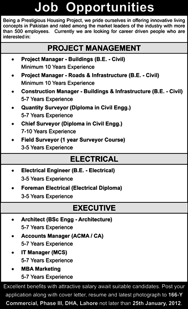 Housing Project Jobs for Managers, Electrical/Civil Engineers, Surveyors, Architect & Other Staff