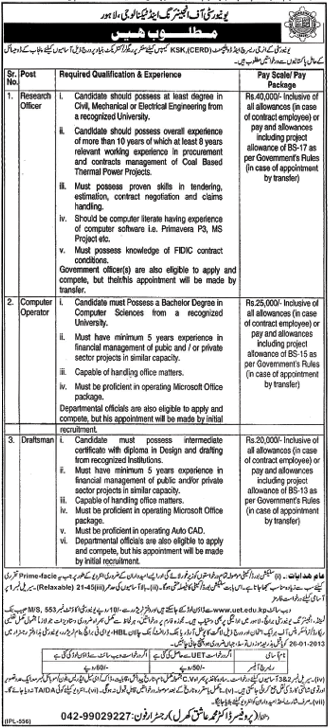 CERD UET Lahore Jobs 2013 for Research Officer, Computer Operator & Draftsman