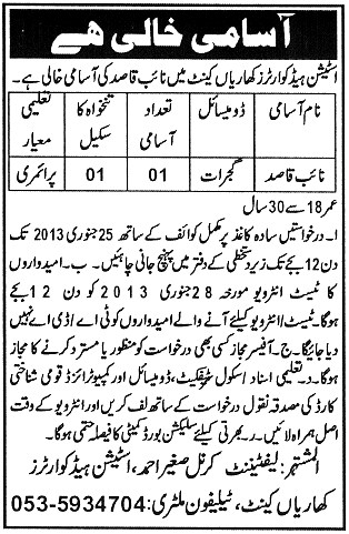 Station Headquarters Kharian Cantt. Vacancy for Naib Qasid