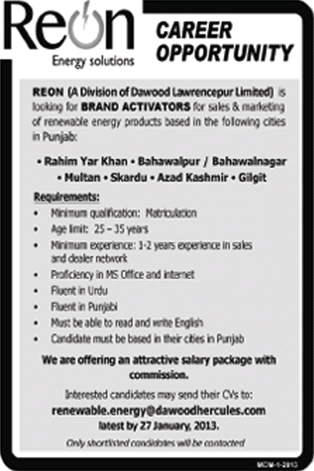 Brand Activators Jobs at Reon Energy Solutions (Dawood Lawrencepur Limited)