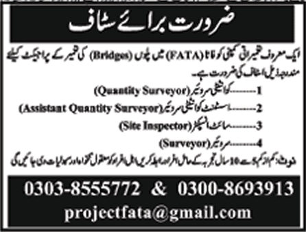 Quantity Surveyor, Site Inspector & Surveyor Jobs 2013 for Construction of Bridges in FATA