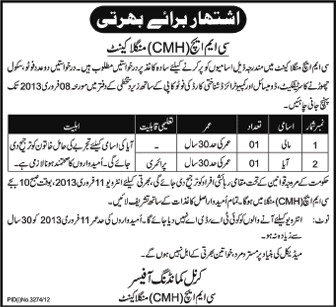 CMH Mangla Cantt Jobs 2013 for Mali & Aya